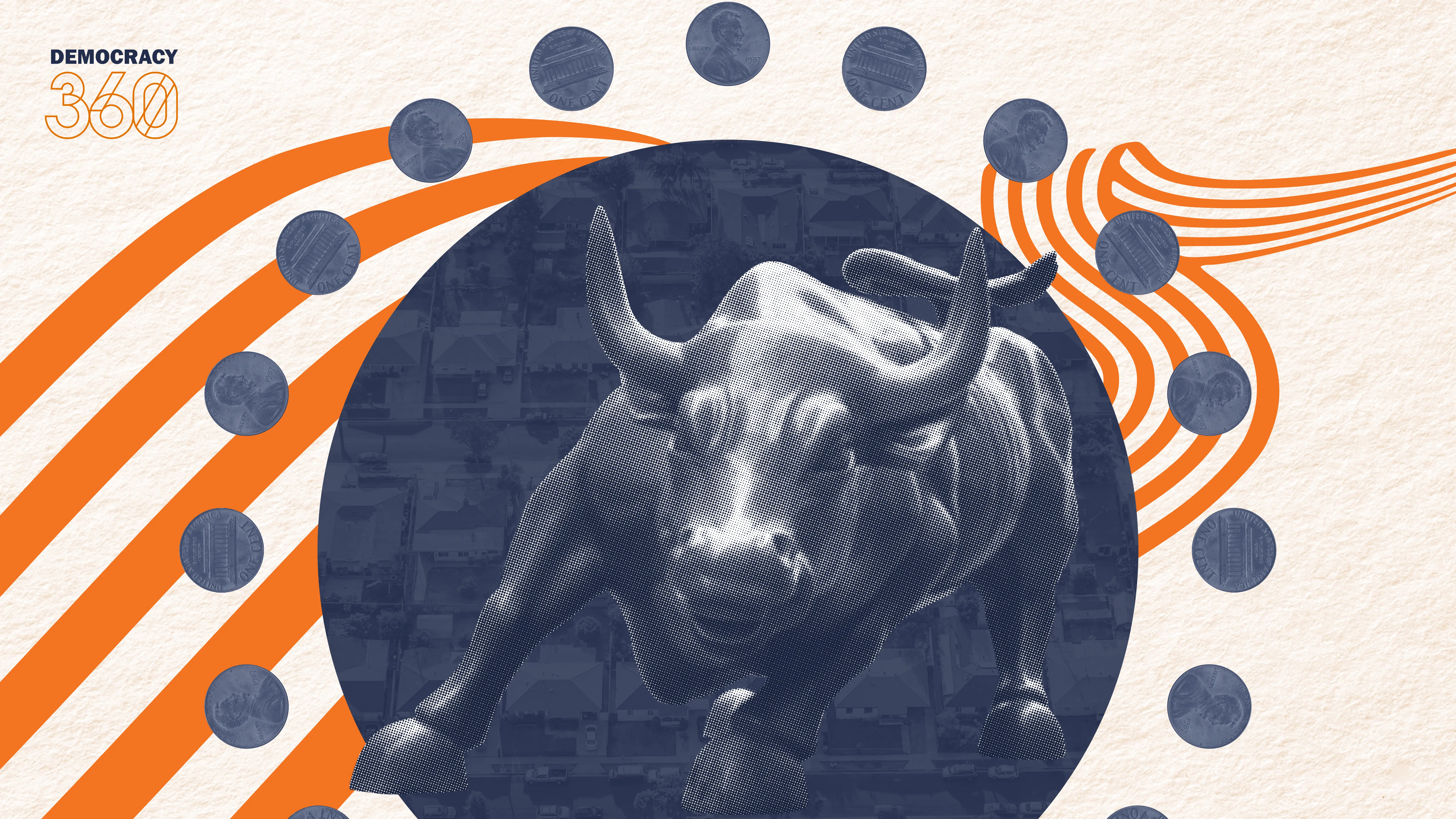Arturo Di Modica's Charging Bull sculpture in front of a background representing typical middle class American suburban homes, surrounded by a circle of coins.