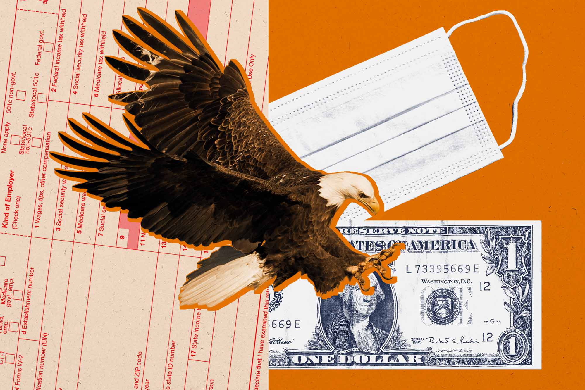 Photo illustration of eagle, medical face mask, and dollar bill