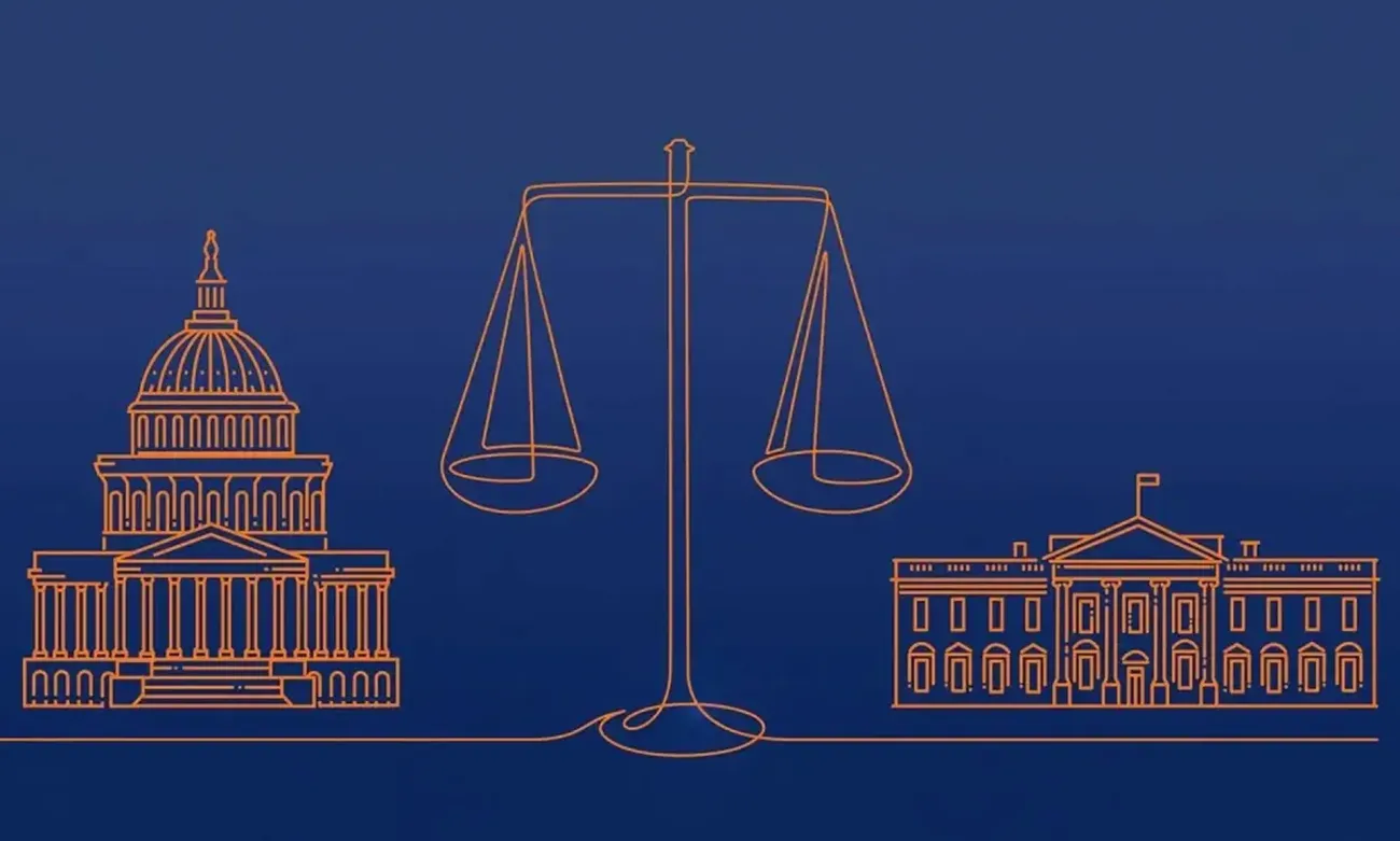 balance scale with buildings on the left and right