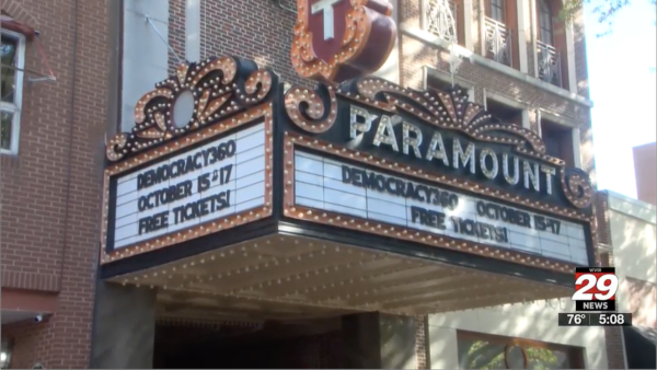 Marquee at the Paramount Theater promoting Democracy360 