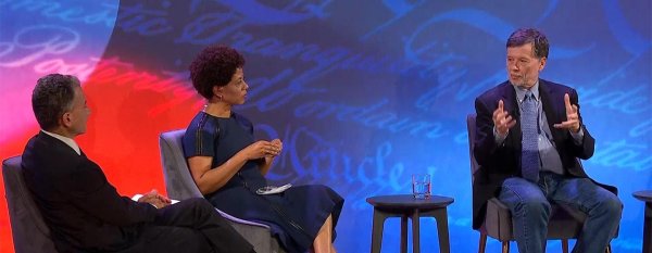 Melody Barnes on stage with Ken Burns and Jeffrey Rosen