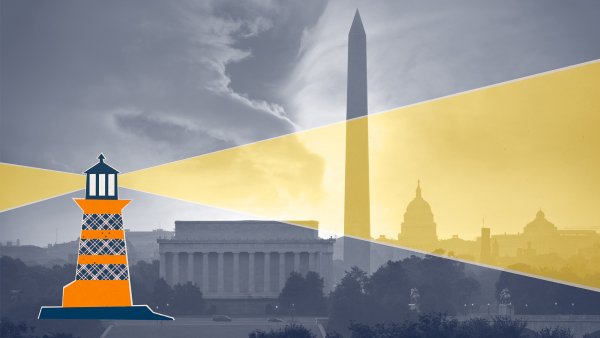 Photo illustration with a lighthouse illuminating the Washington, D.C., skyline