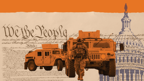 Photo illustration of soldiers and tanks with the Capitol Building and the Constitution in the background.