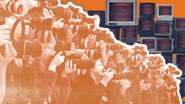 Photo illustration of cameramen and televisions, both from a bygone era