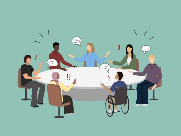 Illustration of people talking with each other around a table