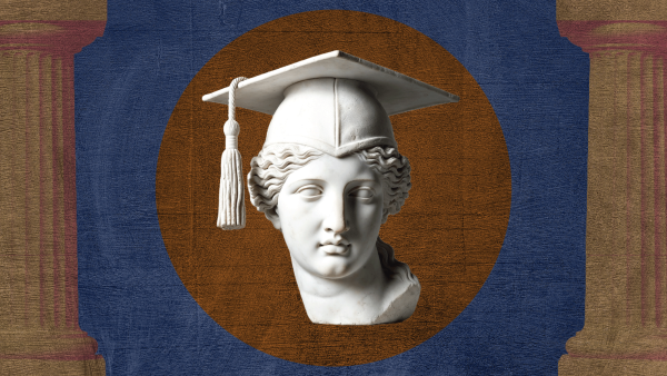 Photo illustration of a ancient bust with a graduation cap