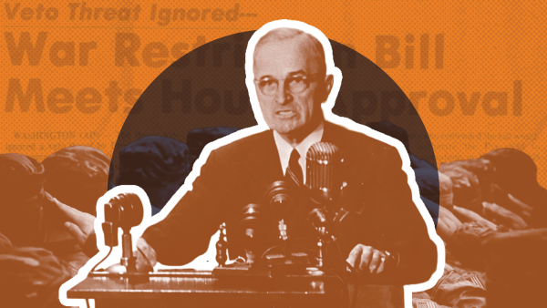 Photo illustration with President Harry Truman standing at a podium