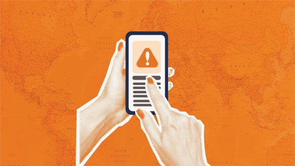 Graphic of hands using a phone with a warning sign, with the background of a world map