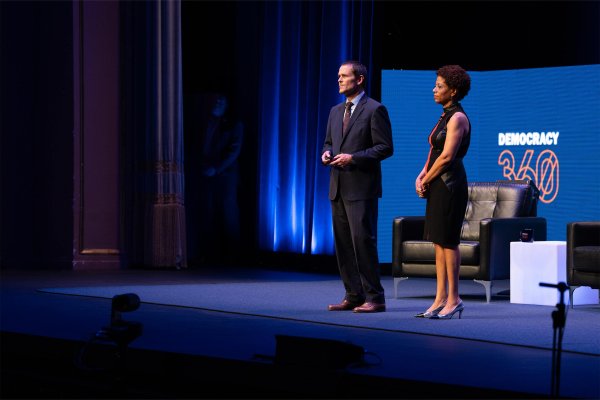President Jim Ryan and Melody Barnes together on stage at Democracy 360