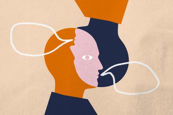 Illustration of to heads overlapping, like an optical illusion, in conversation