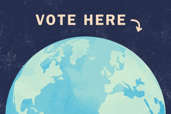 Cartoon view of Earth with a vote here arrow pointed at it