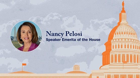 Nancy Pelosi on a graphic of the Capitol Building