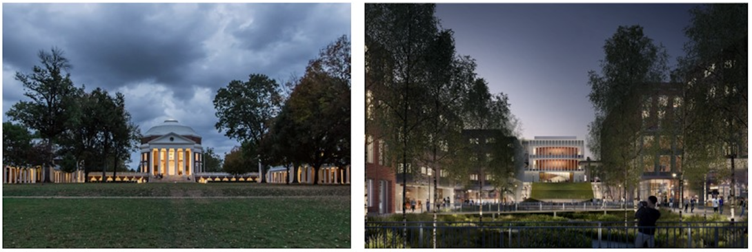 A comparison with the UVA Rotunda design and the new Karsh Institute building.