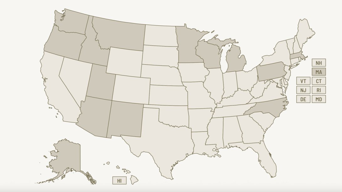 Map of the U.S., showing states that can be clicked to learn more about that state's constitution