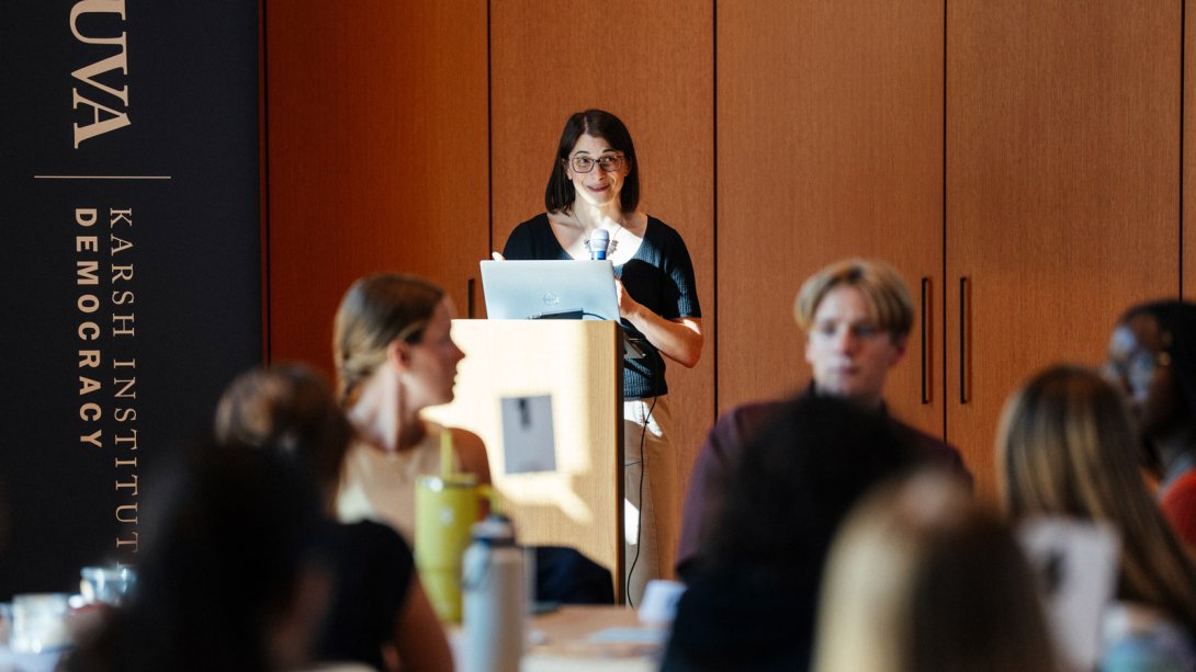 Stefanie Georgakis Abbott speaking at a Civic Cornerstone Fellowship meeting