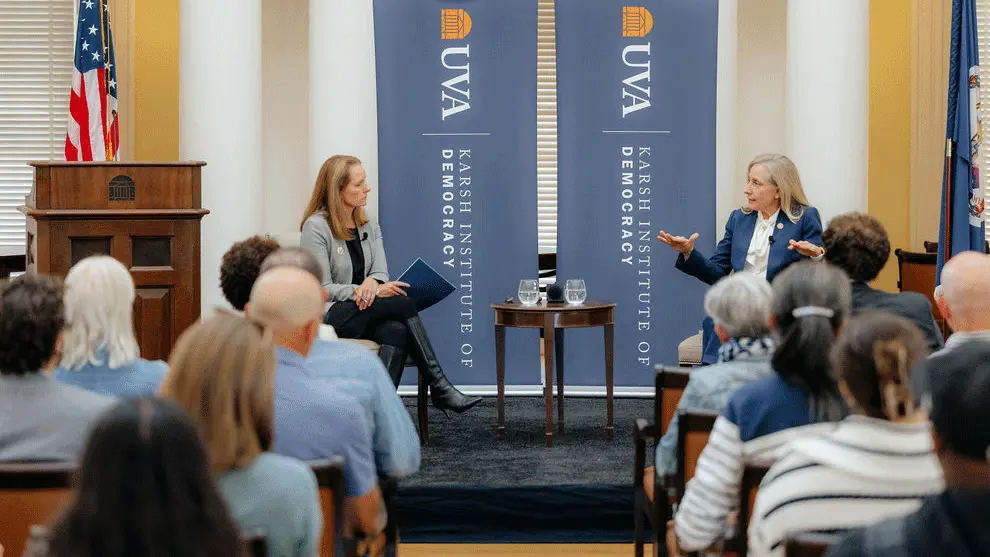 Representative Abigail Spanberger of Virginia’s seventh congressional district conversing with Jayme Swain, president and CEO of VPM, at a Karsh Institute event